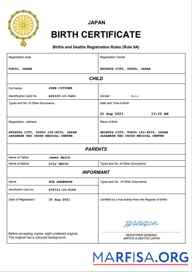 Printable Japan birth certificate Word and PDF template, completely editable